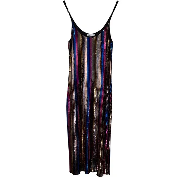 Tanya Taylor XS Multicolor Sequin Stripe Midi Dress Sleeveless Black Knit Lining - Picture 2 of 7